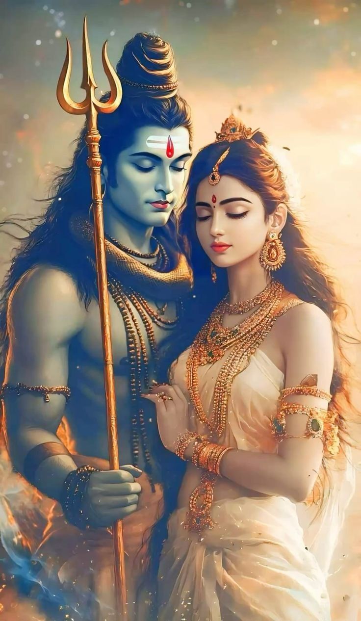 Shiva and Parvati embracing lovingly.