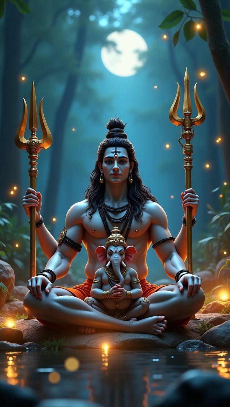Shiva cradles Ganesha in forest setting