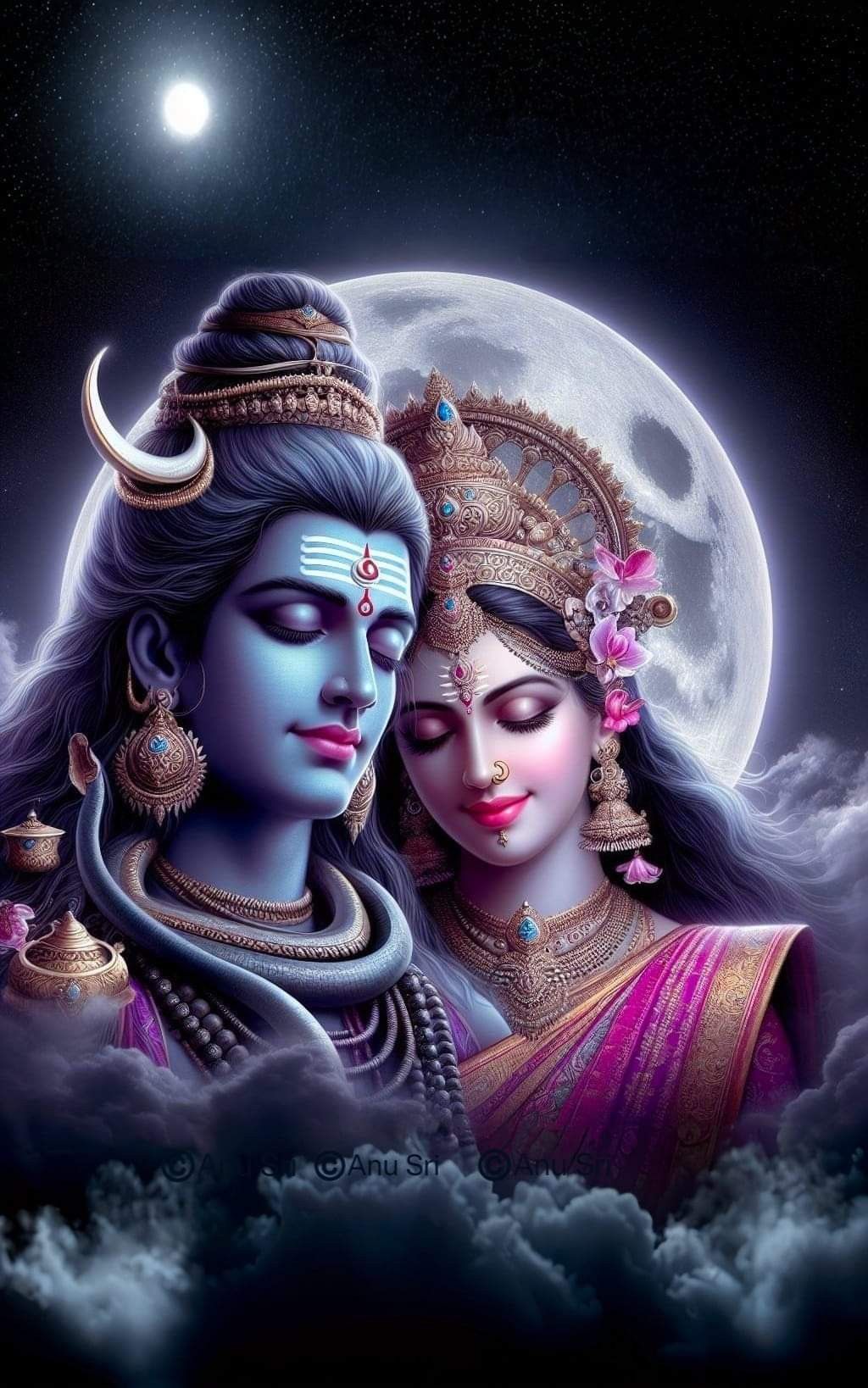 Shiva and Parvati amidst celestial clouds