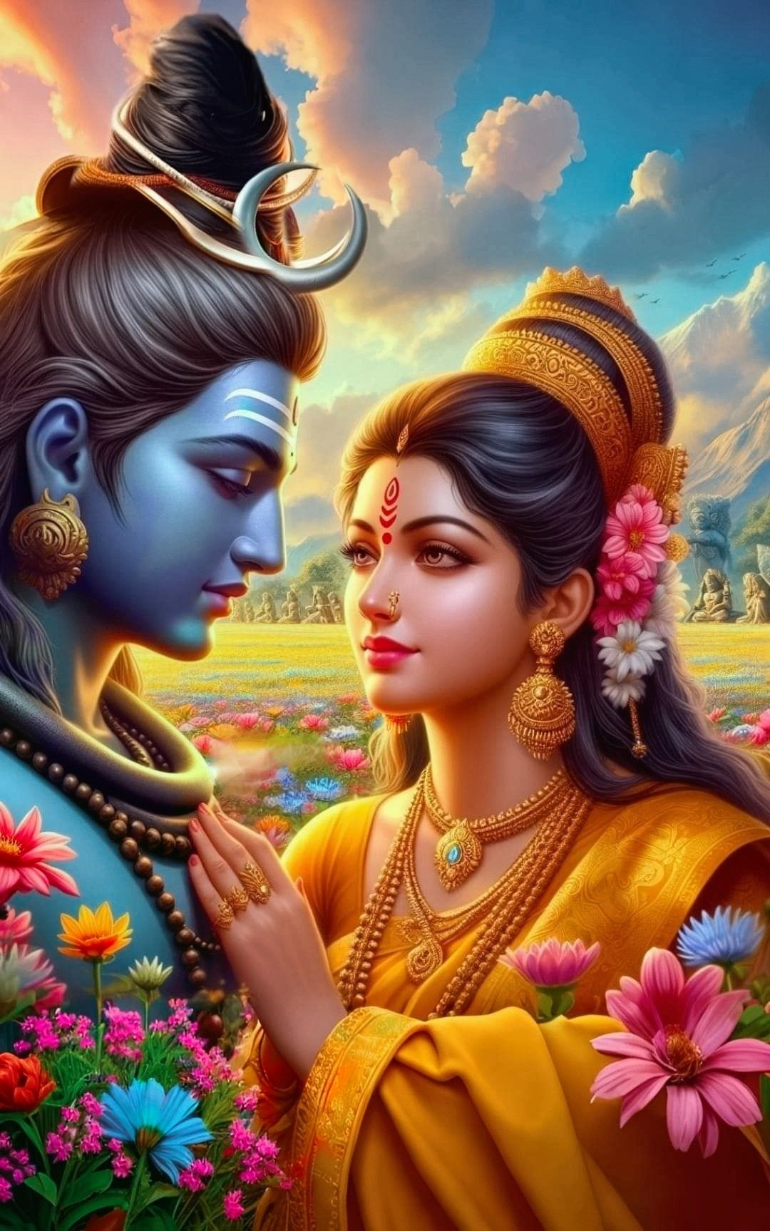 Shiva and Parvati in a floral landscape