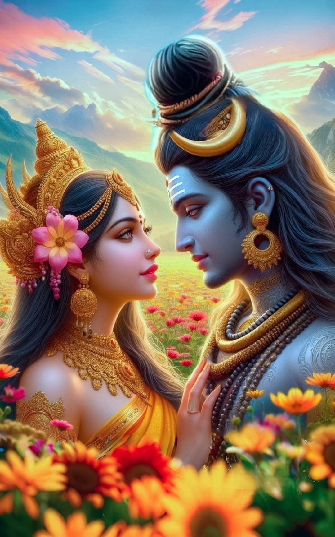 Shiva and Parvati in a floral landscape