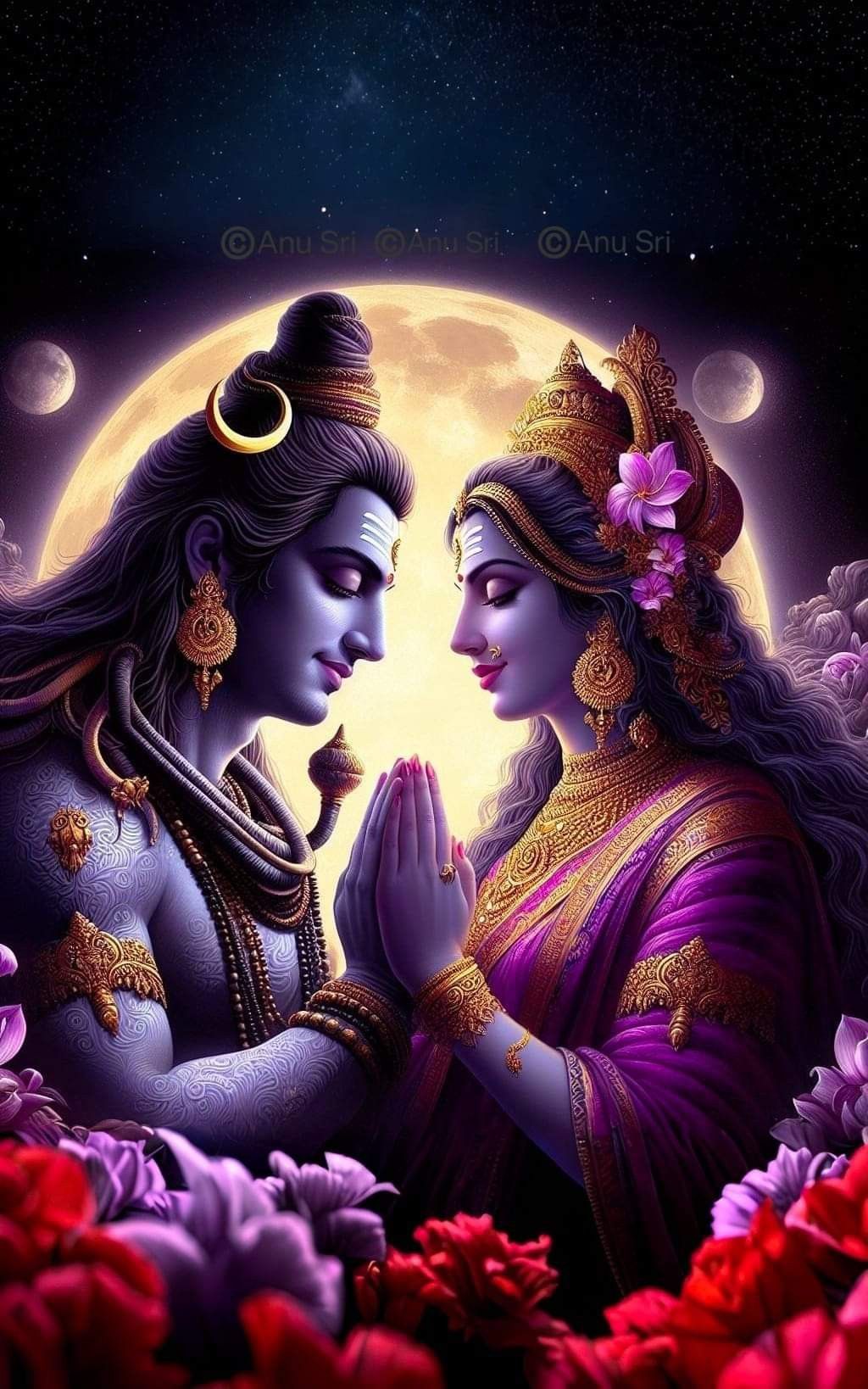 Shiva Parvati embrace under the moonlight