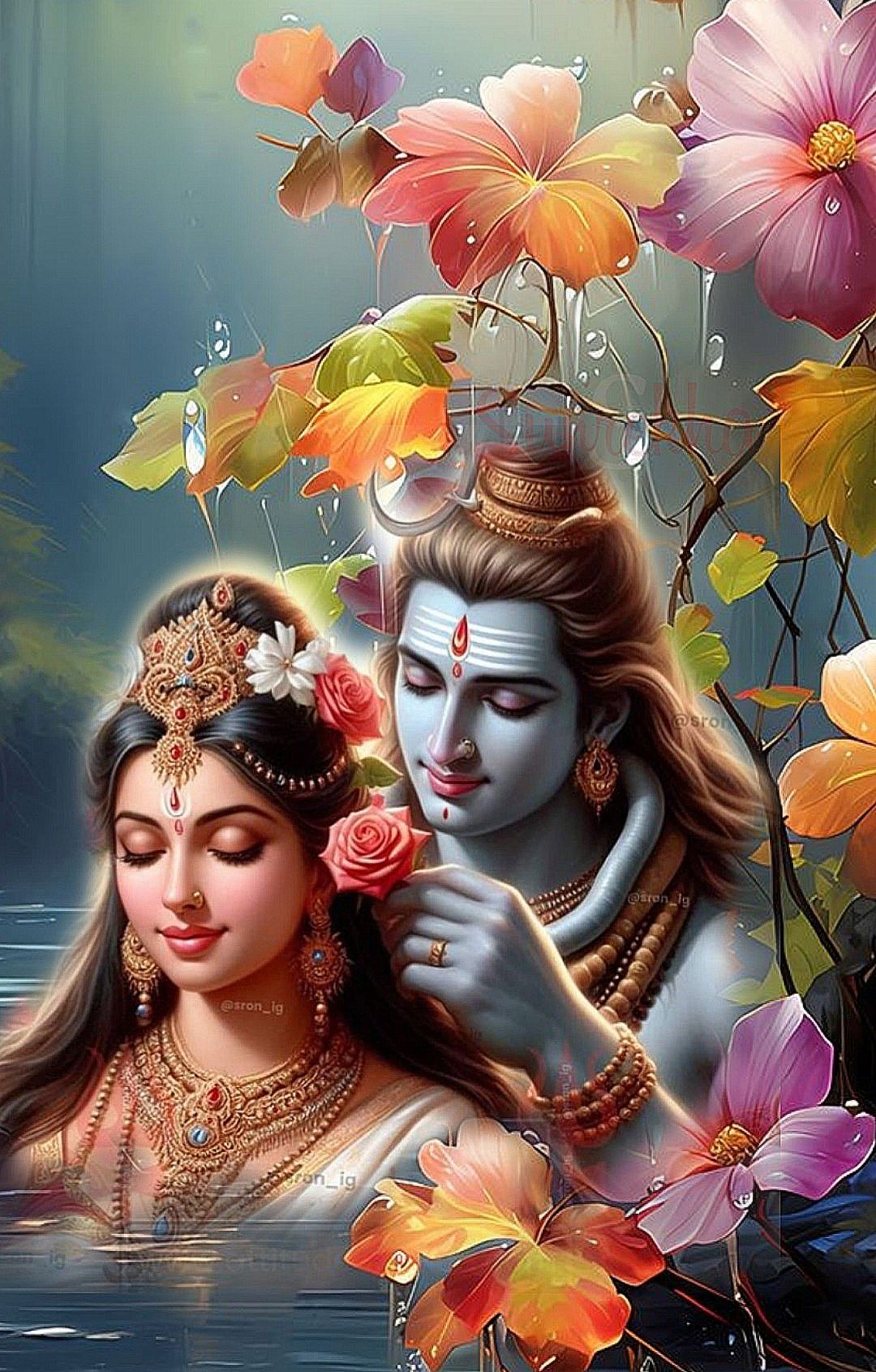 Shiva and Parvati amidst blooming lotus flowers