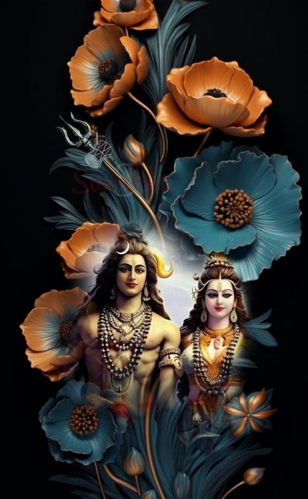 Shiva Parvati amidst lotus flowers