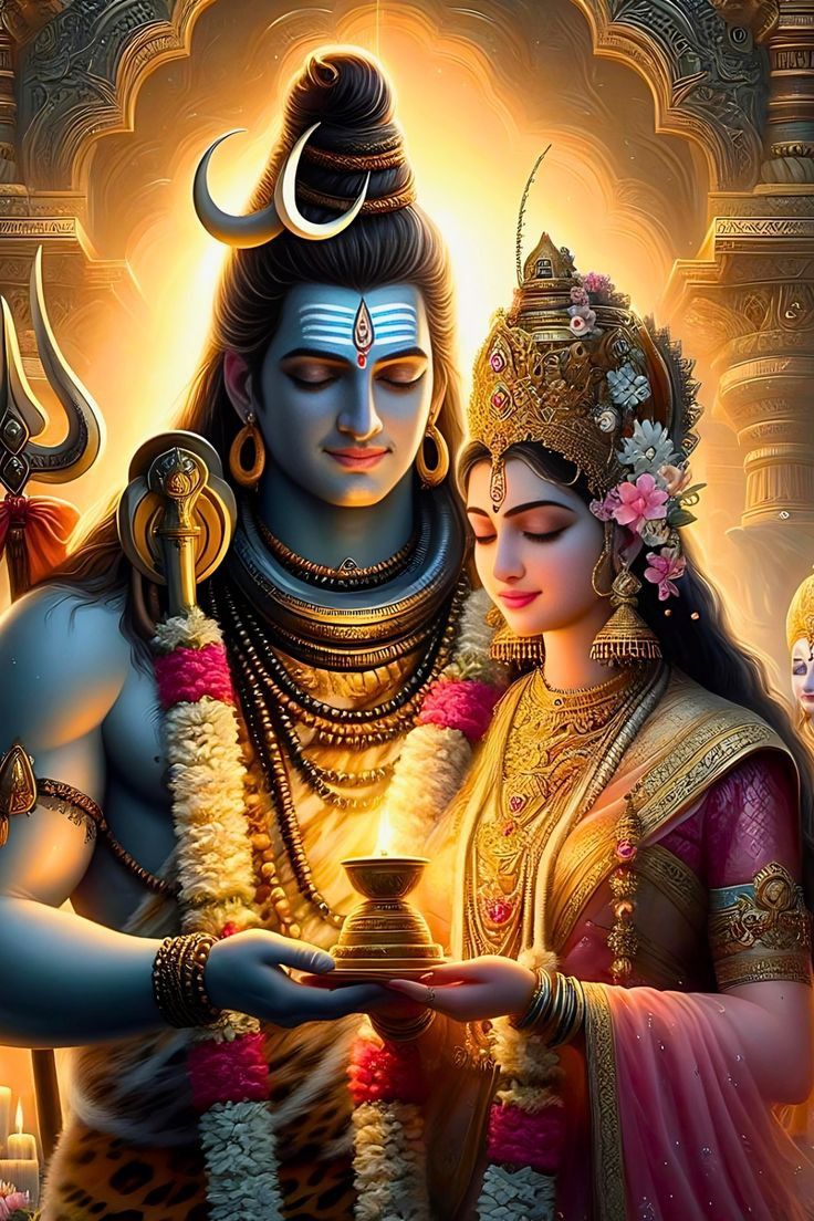 Shiva and Parvati holding a lamp together