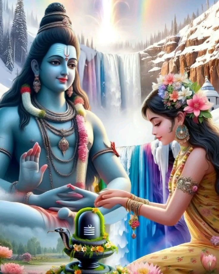 Shiva and Parvati near a waterfall.