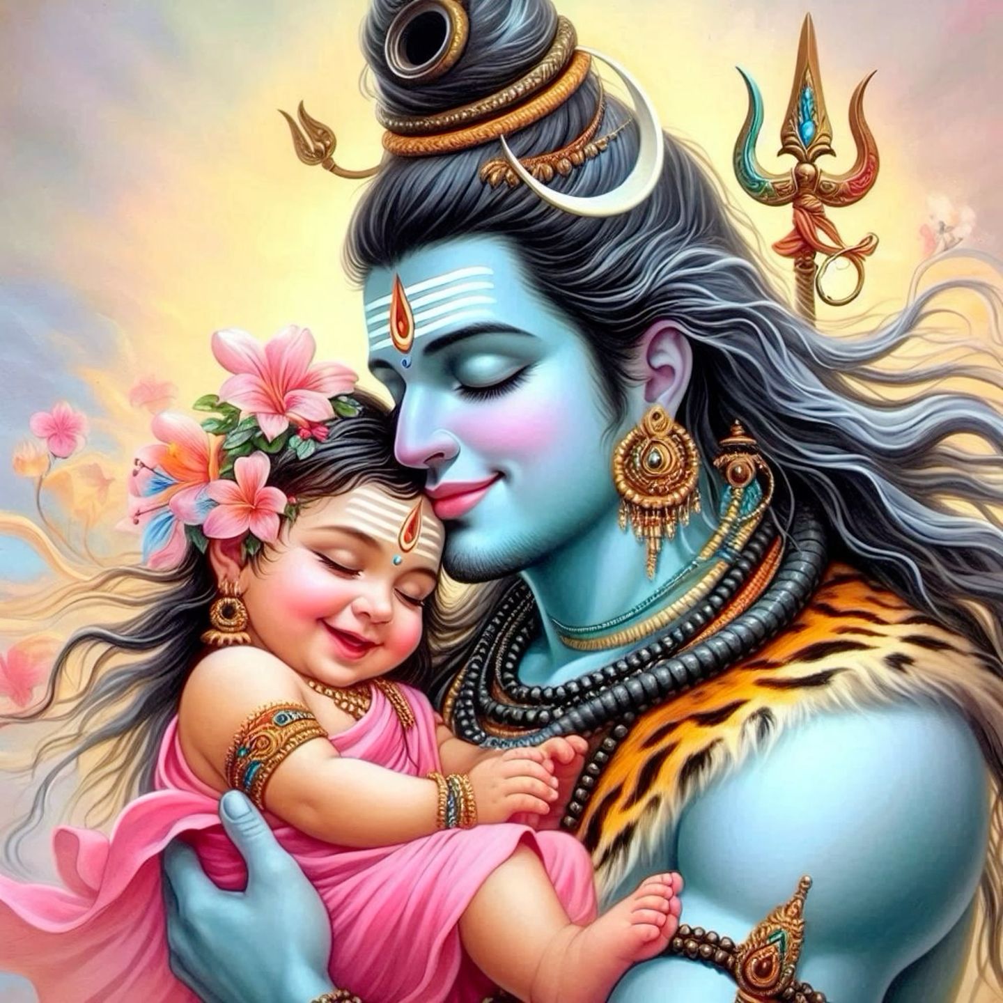 Shiva lovingly holds baby Ganesha.
