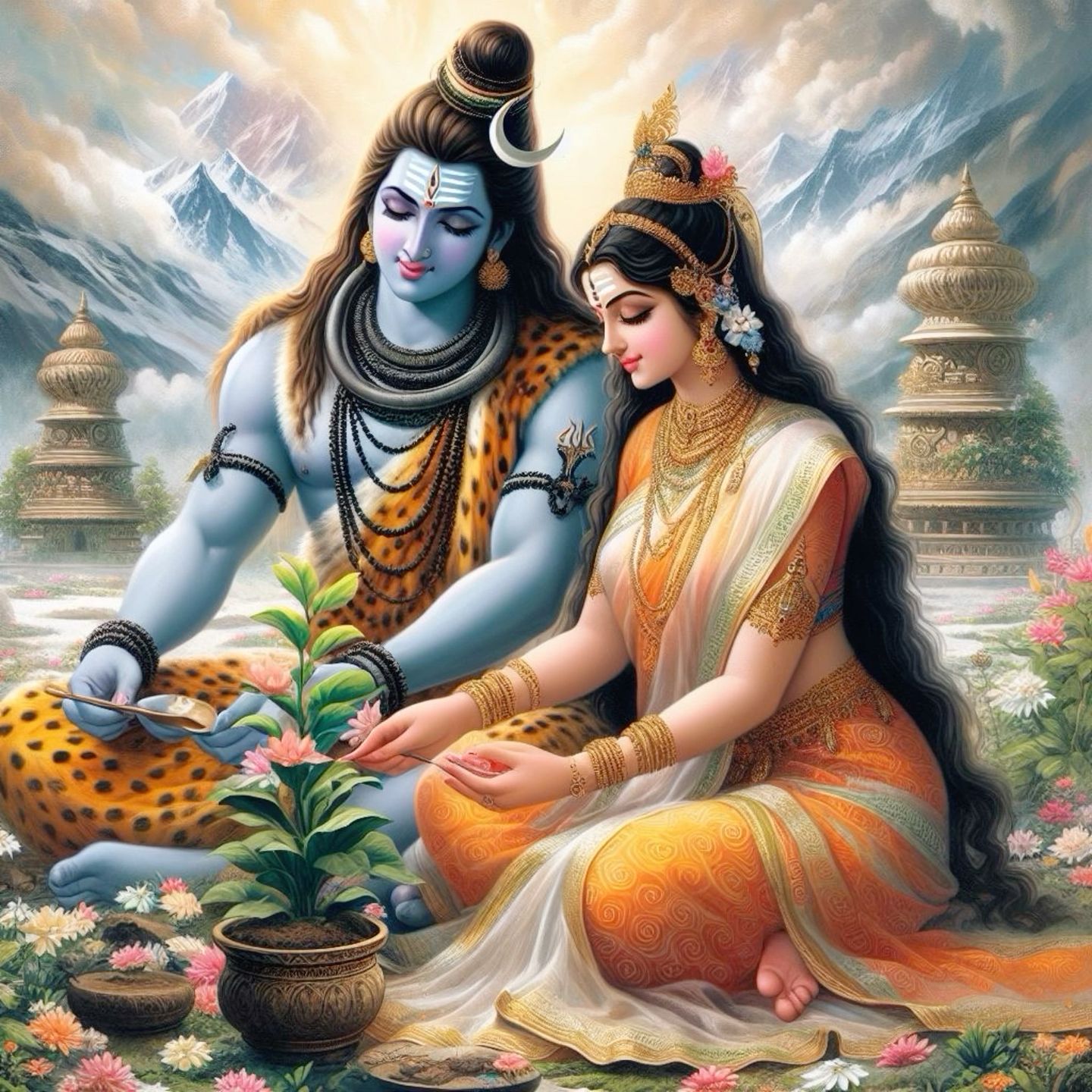 Shiva and Parvati in a flower garden.