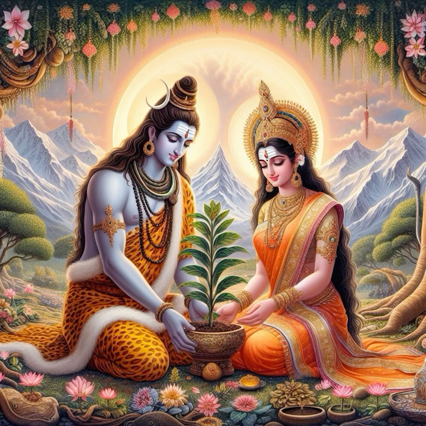 Shiva and Parvati tending a sacred plant