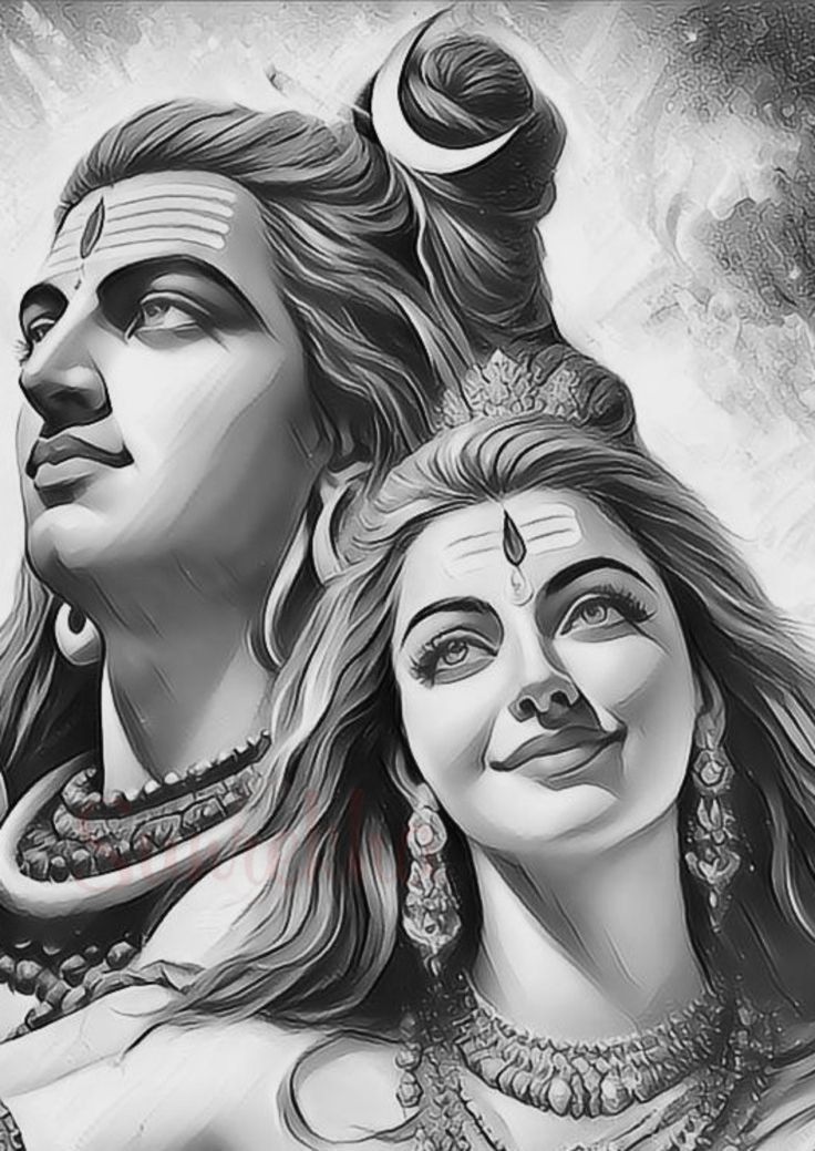 Shiva and Parvati divine grayscale portrait
