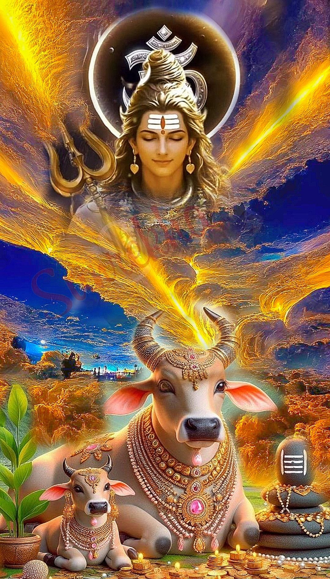 Lord Shiva with Nandi, cosmic background