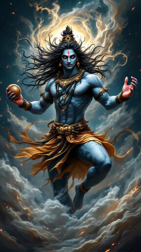 Powerful Shiva amidst cosmic energy.