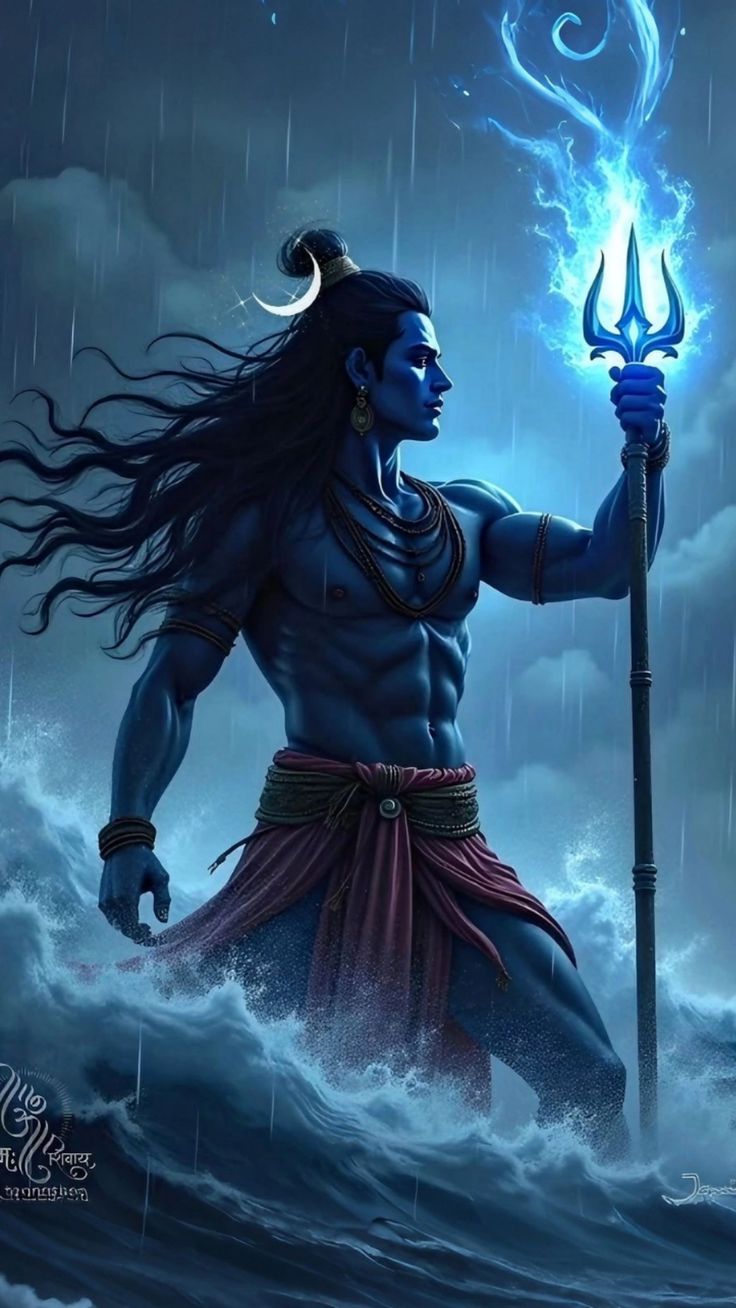 Shiva holding Trishul in stormy weather.