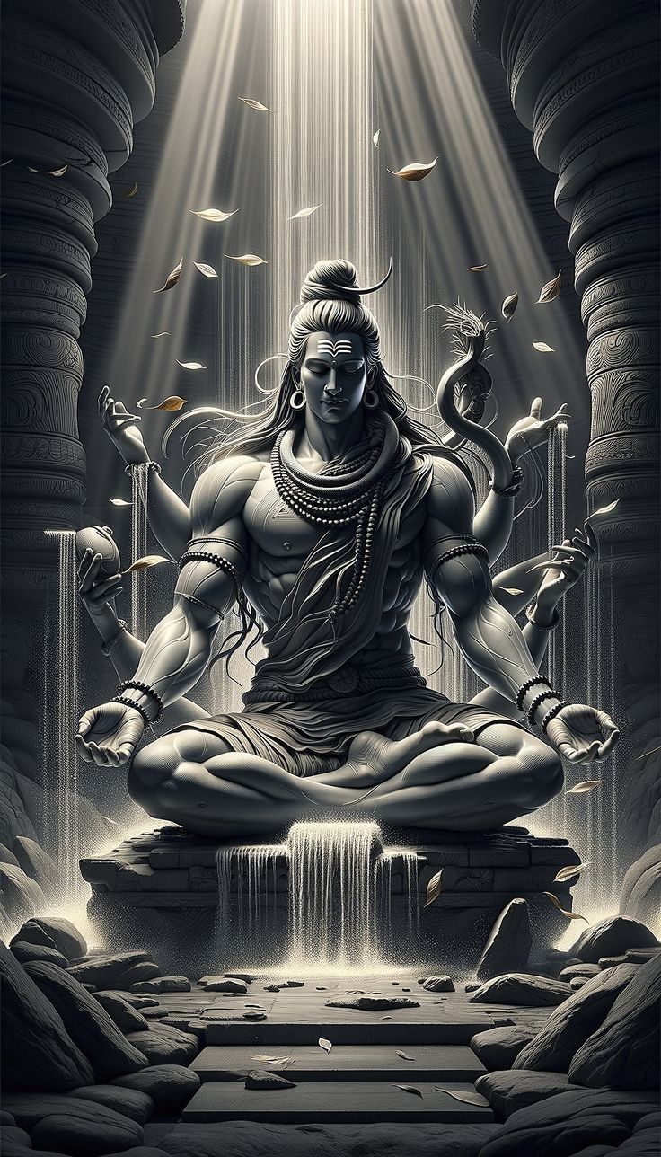 Meditating Shiva in grayscale temple setting.