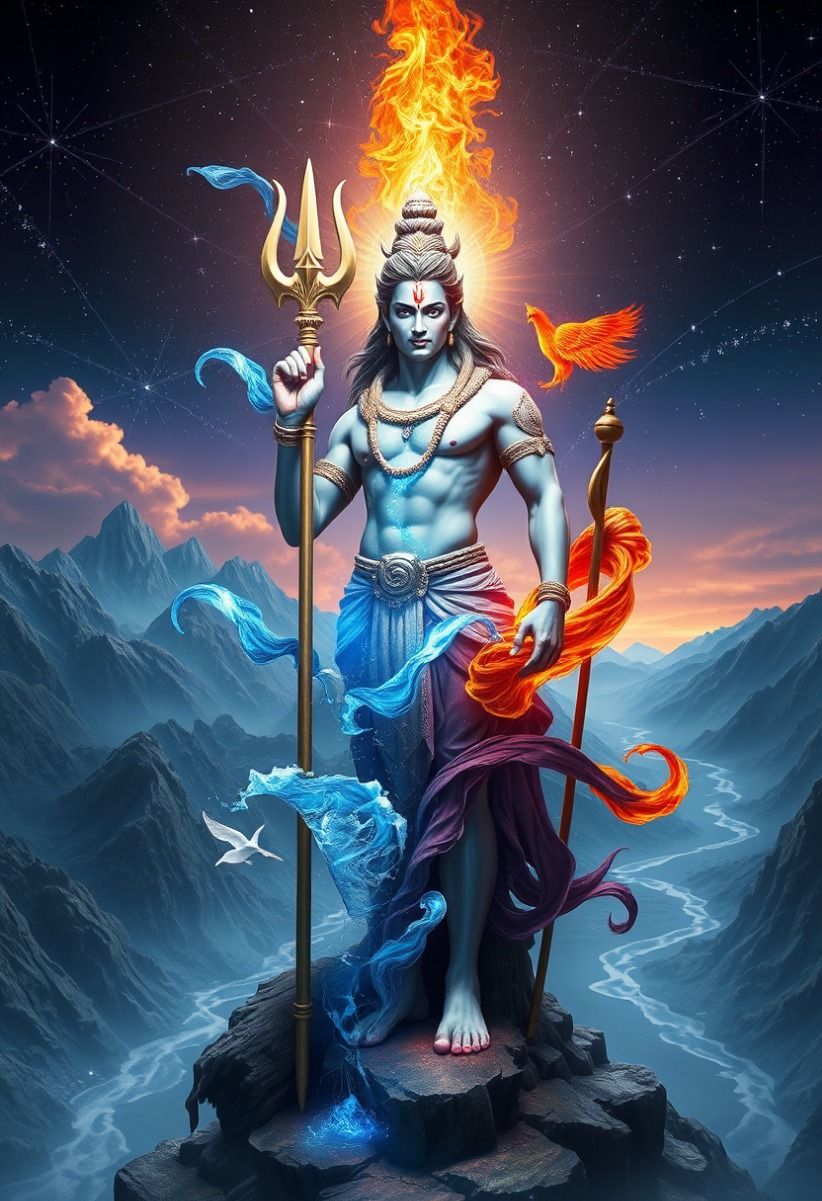 Powerful Shiva stands against starry sky
