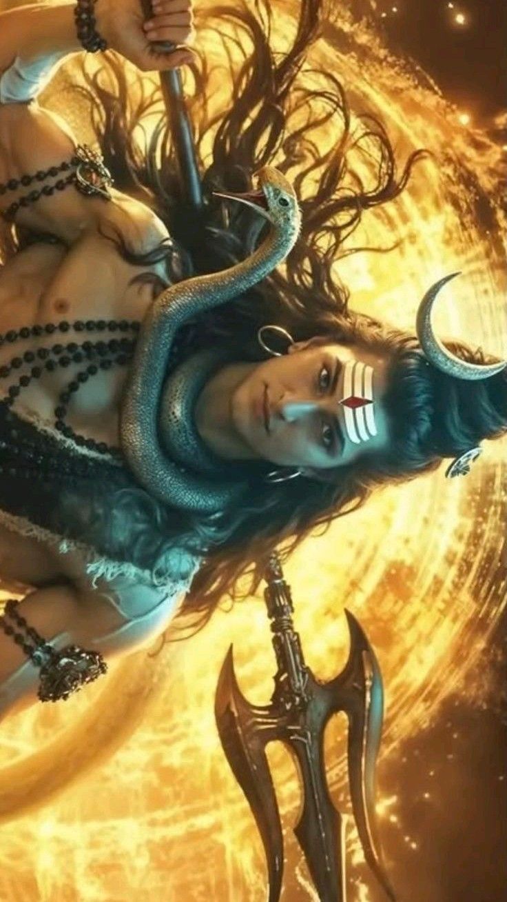 Lord Shiva with trident and serpent.
