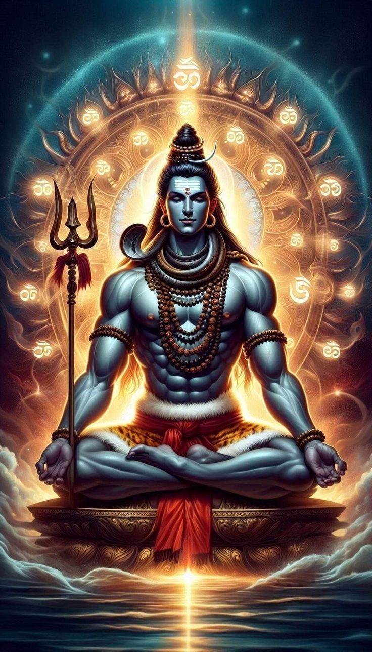 Meditating Shiva surrounded by Om symbols