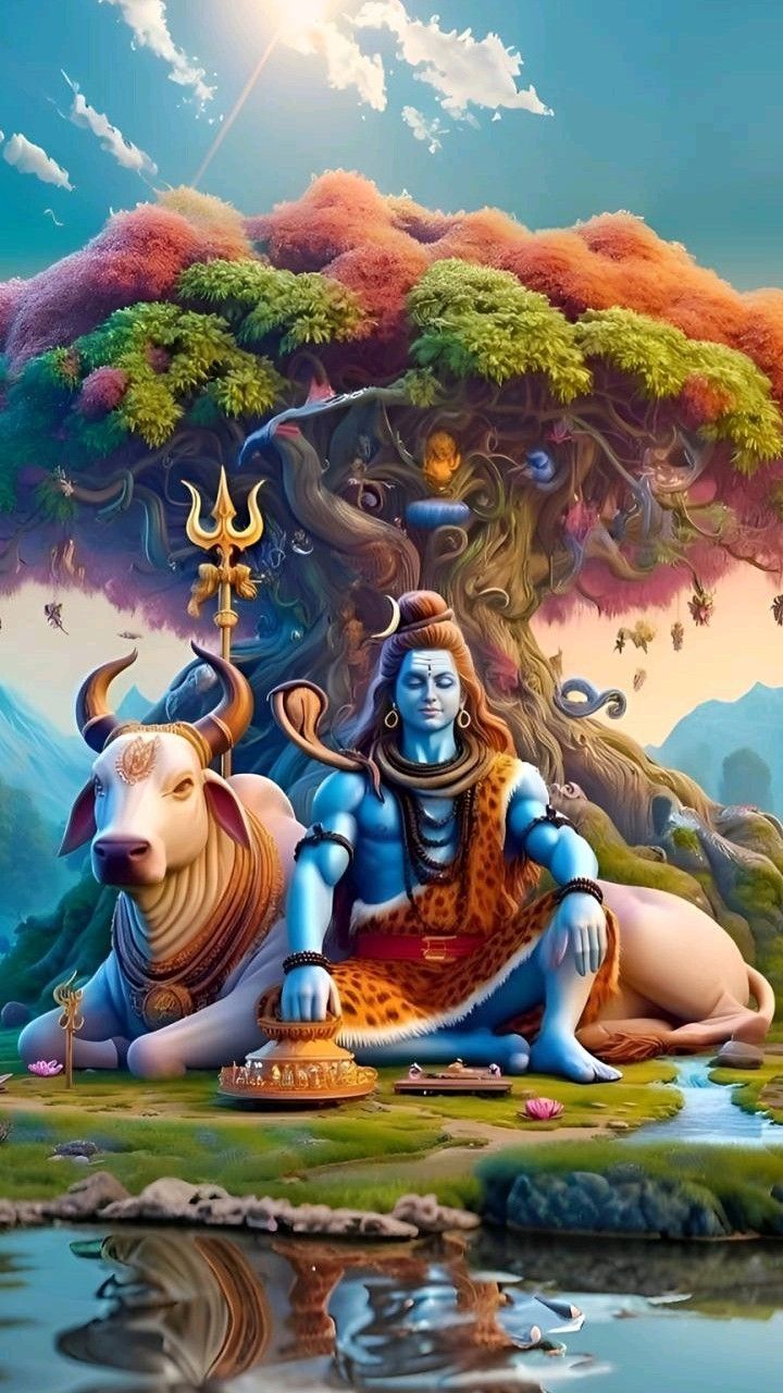 Lord Shiva meditating with Nandi bull