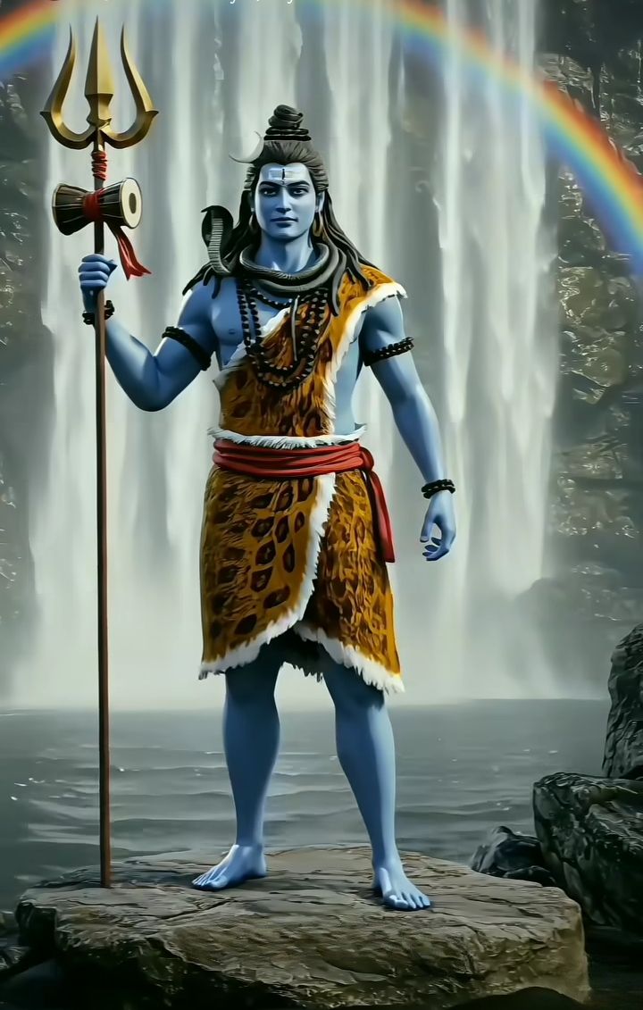 Shiva standing before a waterfall