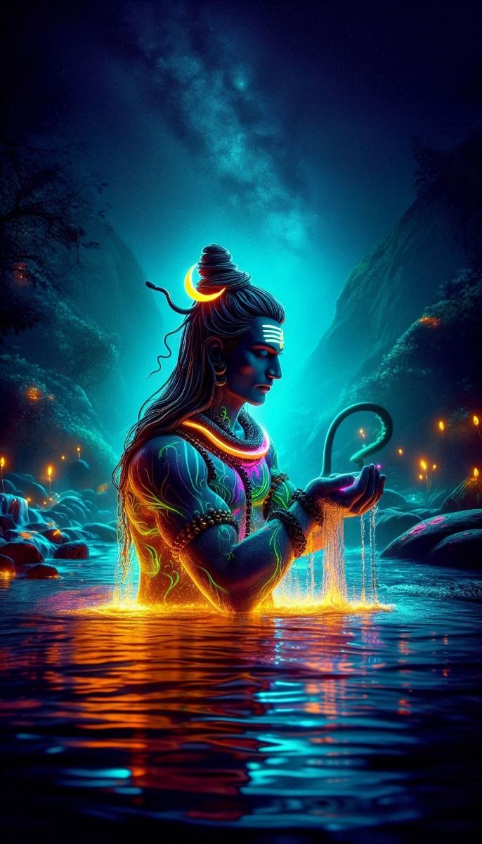 Shiva meditating in a glowing river