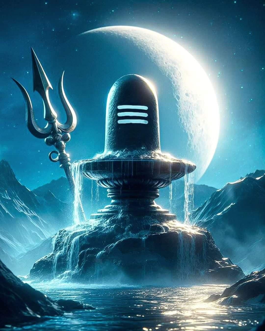 Shiva Linga amidst cosmic waterfall