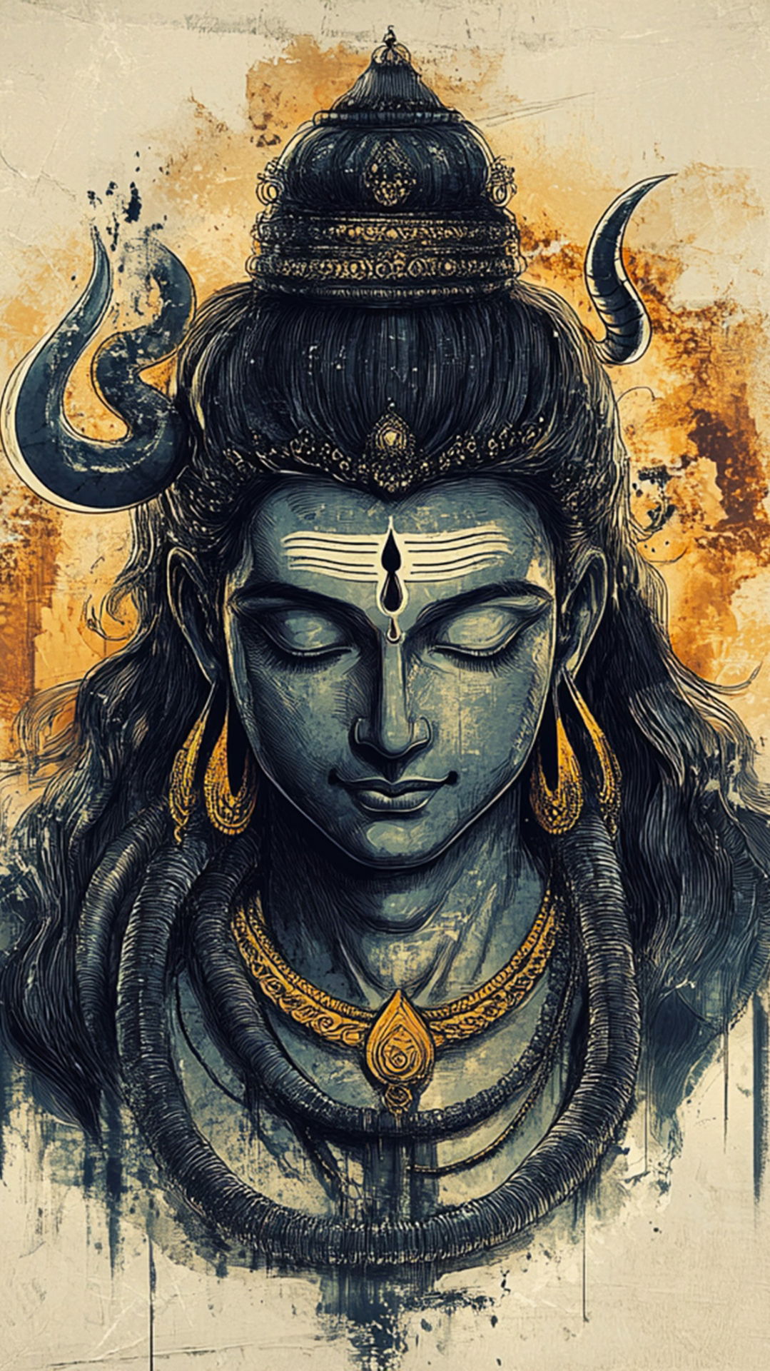 Meditating Shiva portrait with crescent moon