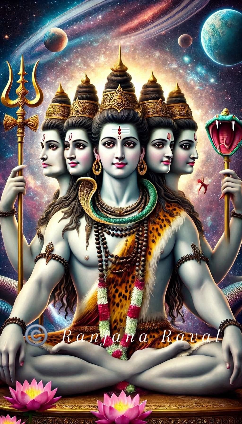 Multiple-faced Shiva meditating on lotus