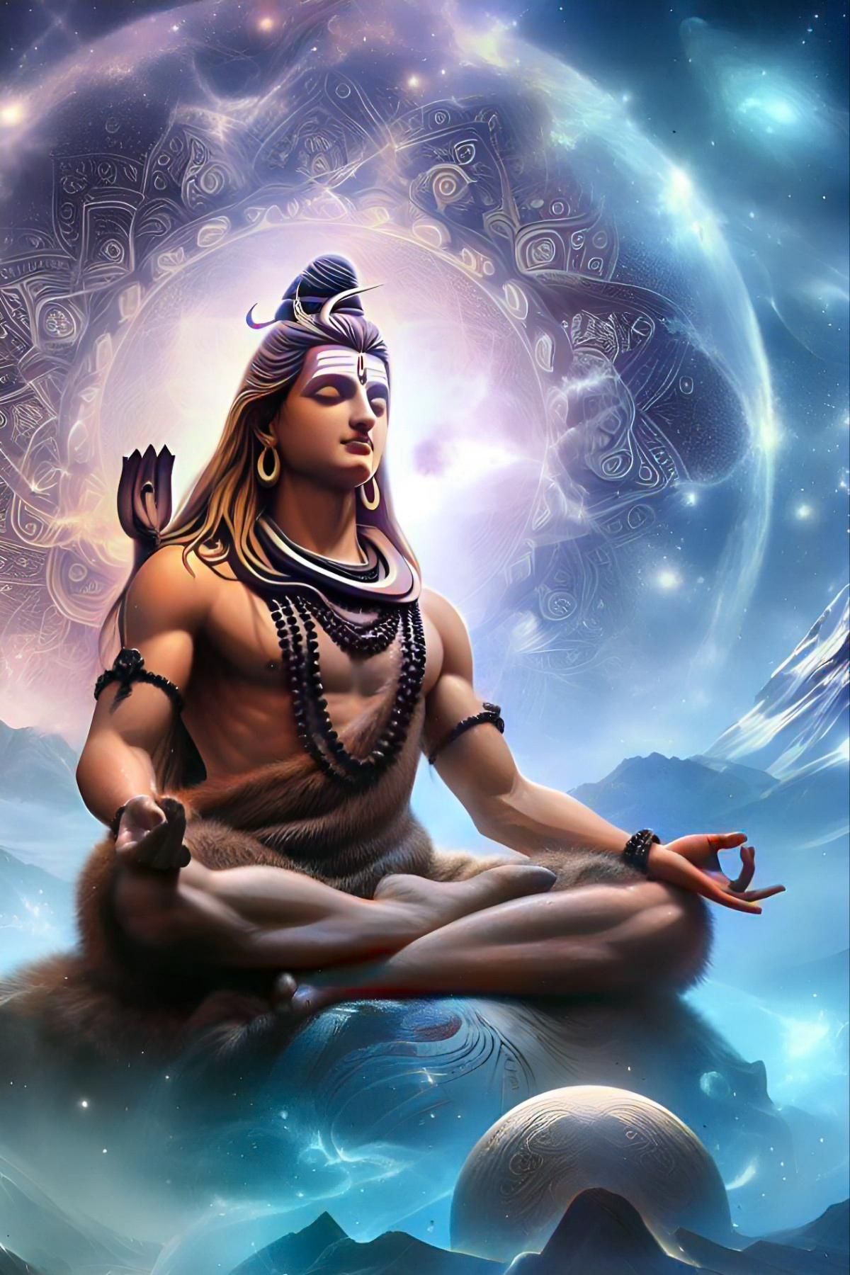 Meditating Shiva in cosmic background