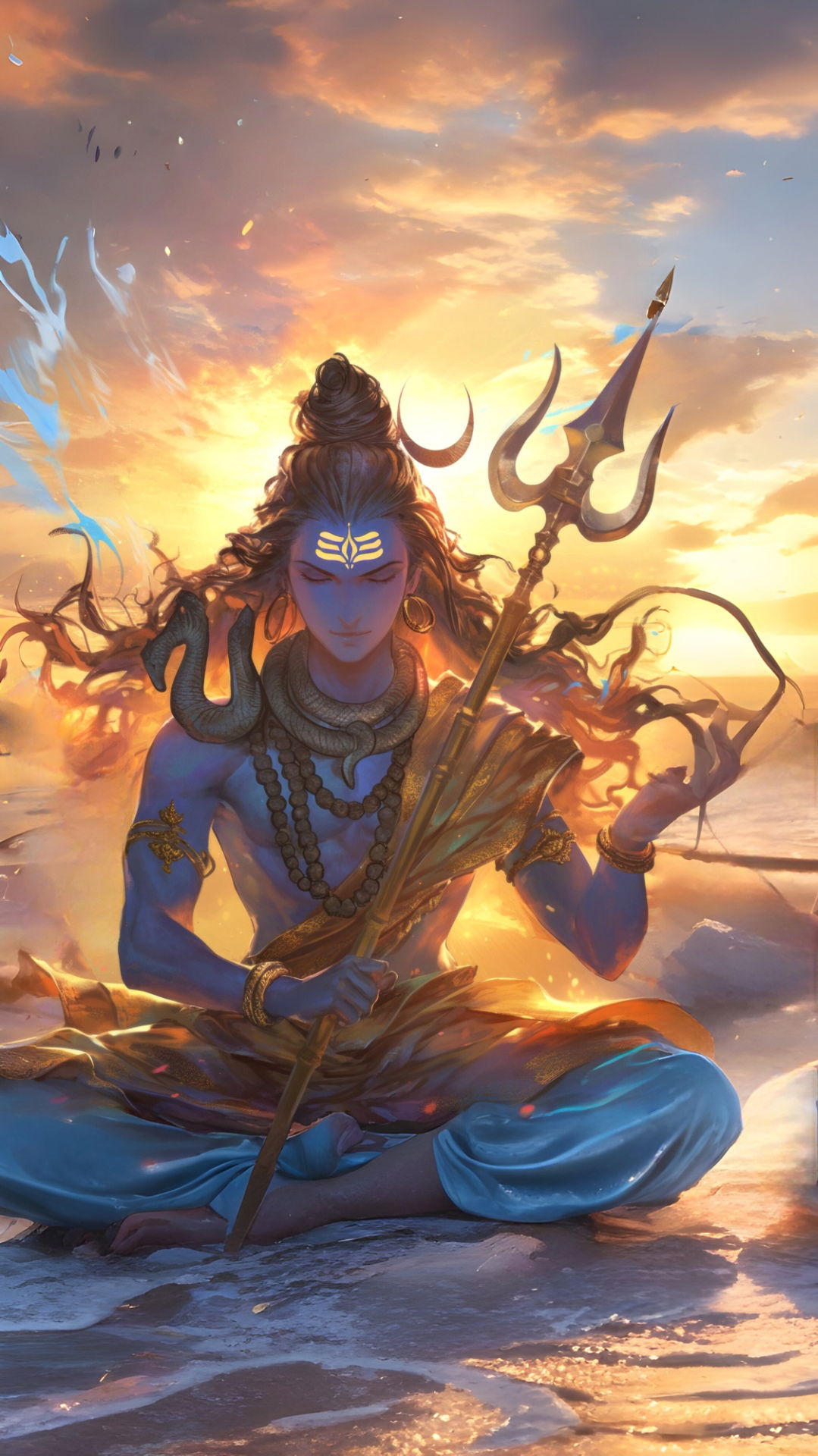 Meditating Shiva with Trishul at sunset
