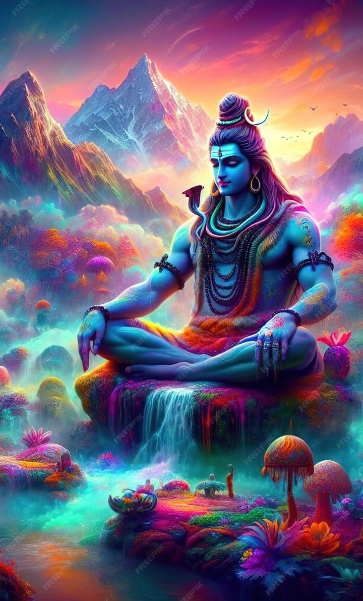 Meditating Shiva amidst a colorful landscape