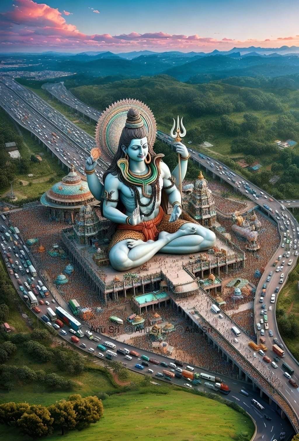 Meditating shiva above a bustling city.