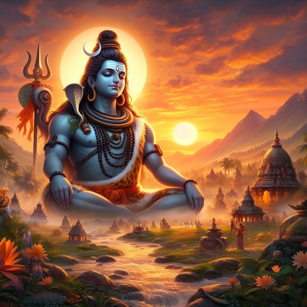 Meditating Shiva amidst sunset landscape