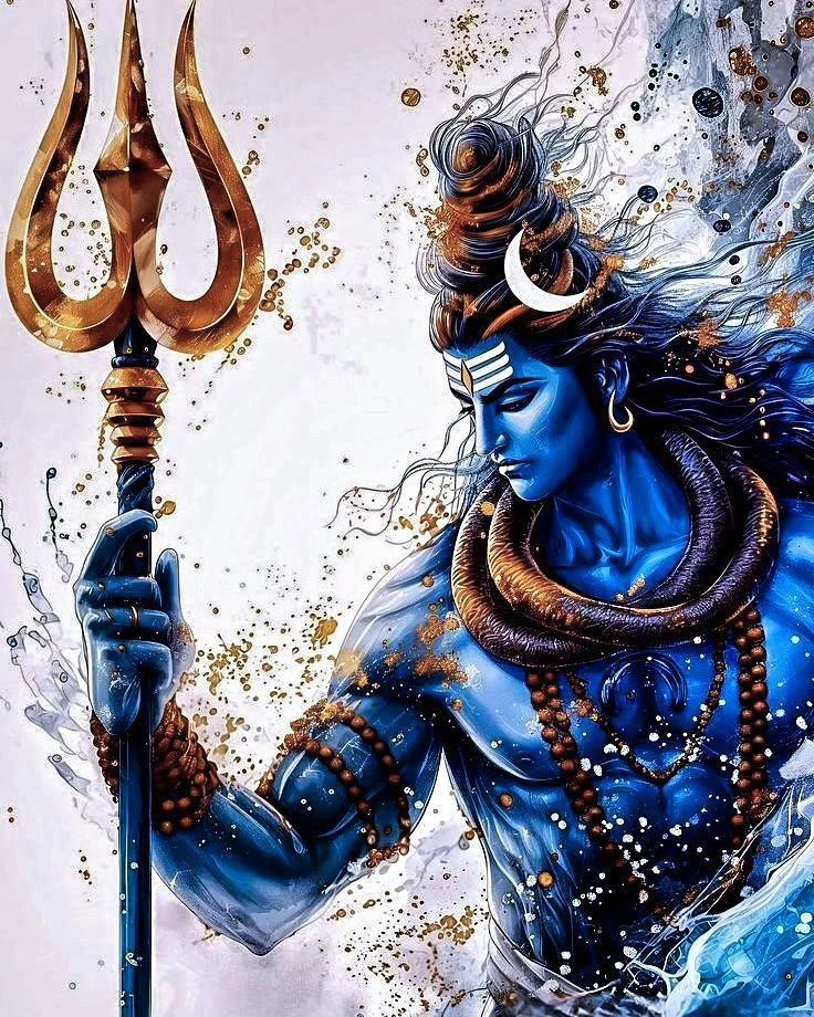 Blue-skinned shiva holding a trident.
