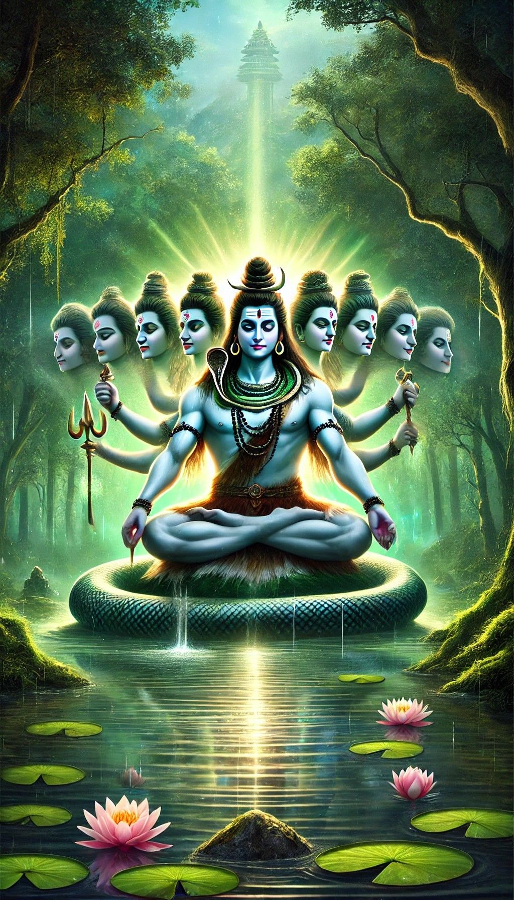 Meditating Shiva amidst serene forest setting