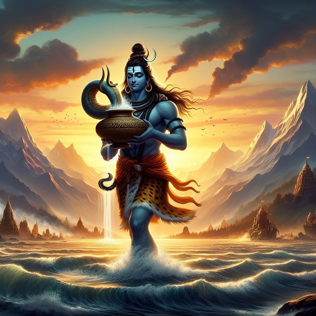 Lord Shiva amidst sunset and mountains.