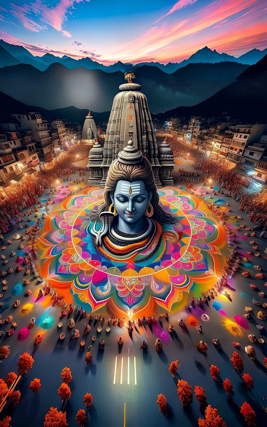 Shiva overlooking a colorful mandala scene