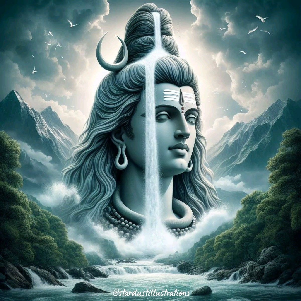 Shiva meditating amidst mountain landscape