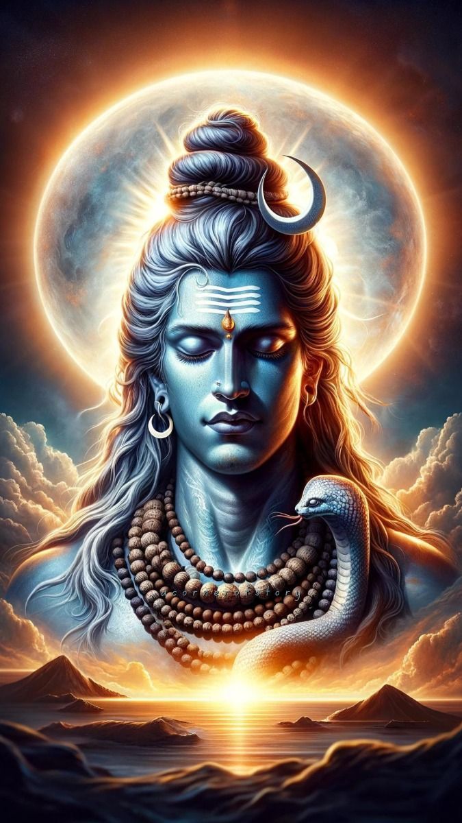 Blue-skinned Shiva with crescent moon.