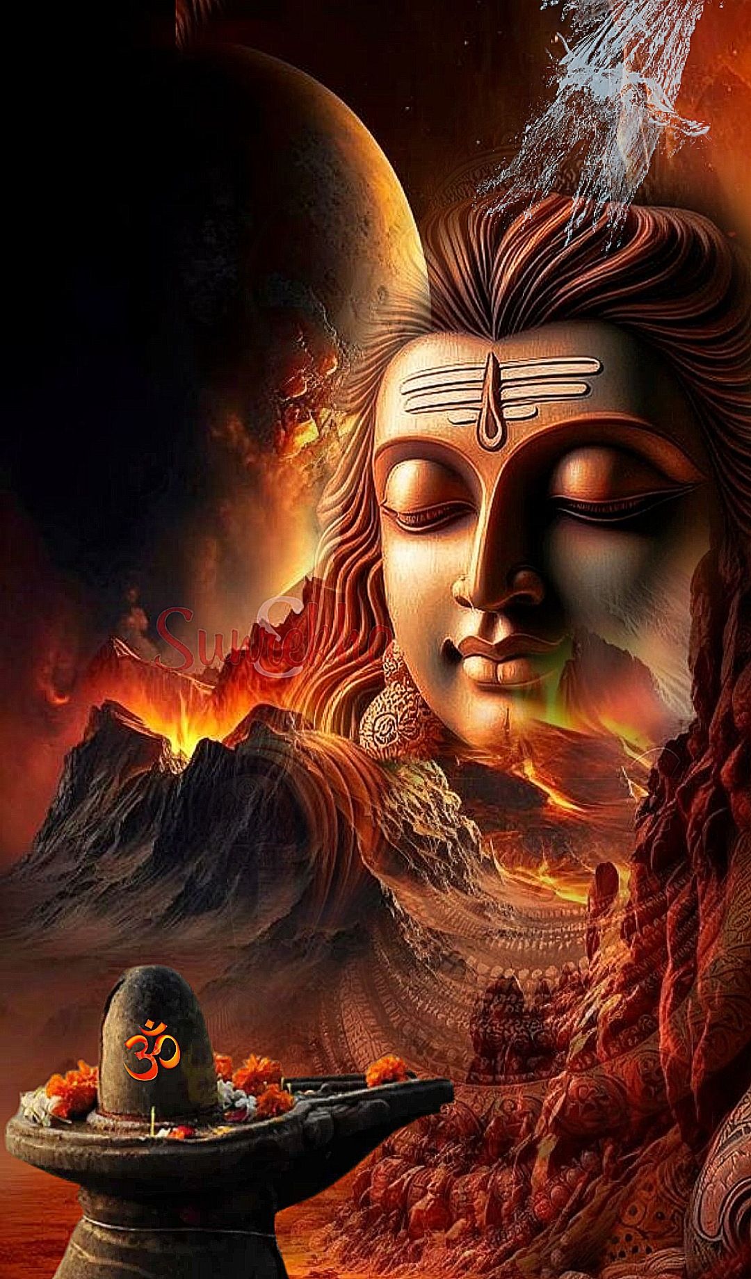 Lord Shiva amidst fiery mountains