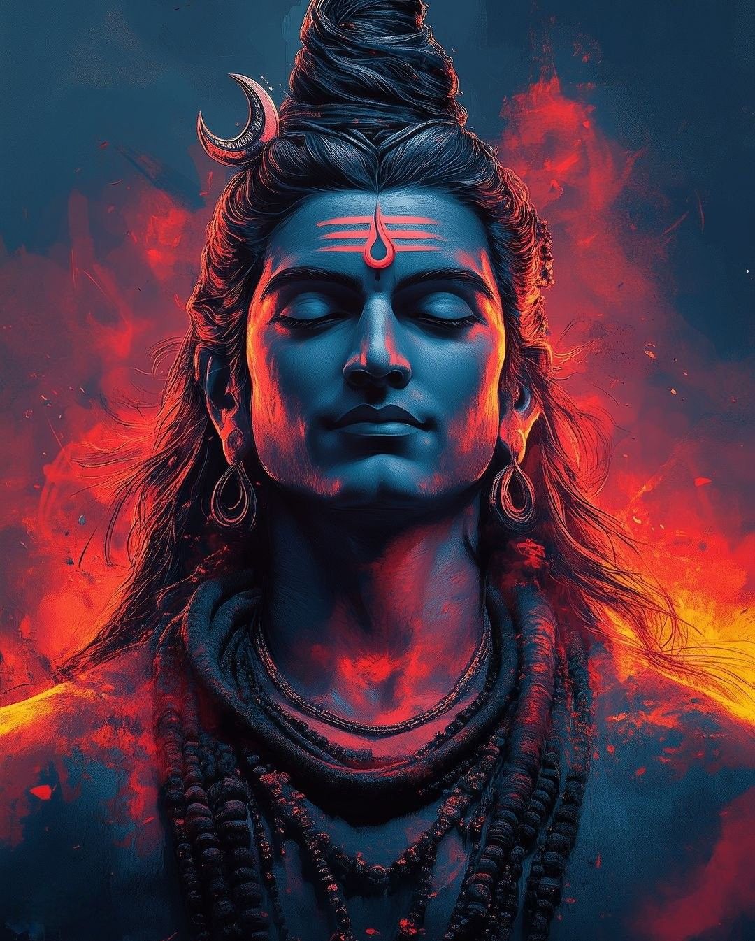 Lord Shiva, blue-skinned, serene portrait