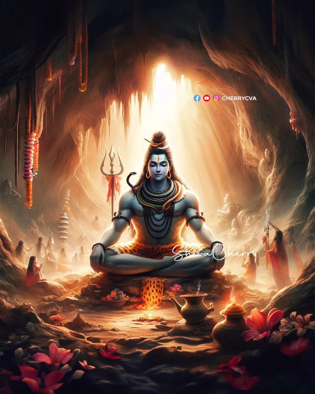 Meditating Shiva amidst mountains, divine glow