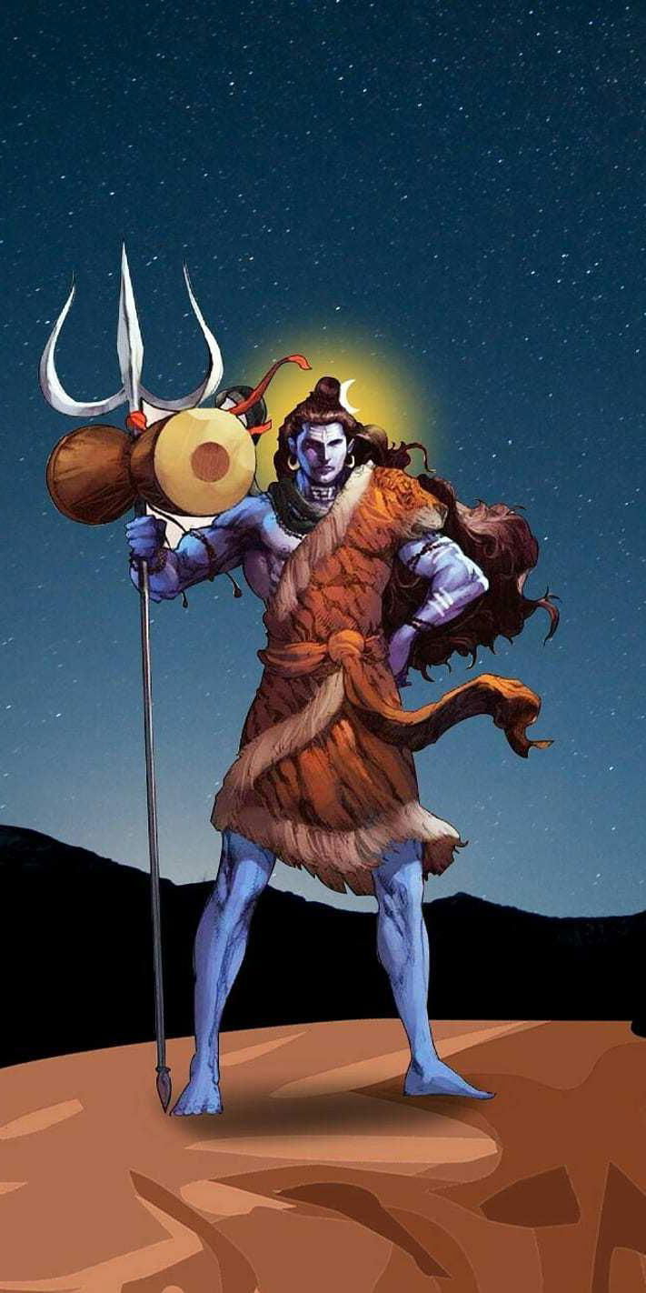 Lord Shiva with Trishul against starry sky