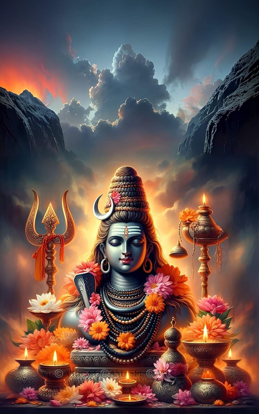 Lord Shiva meditating amongst flowers mountains