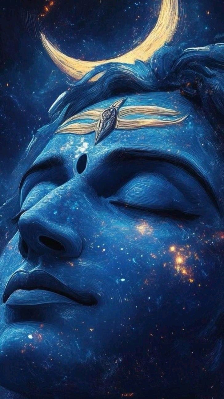 Blue Shiva face amidst a starry sky