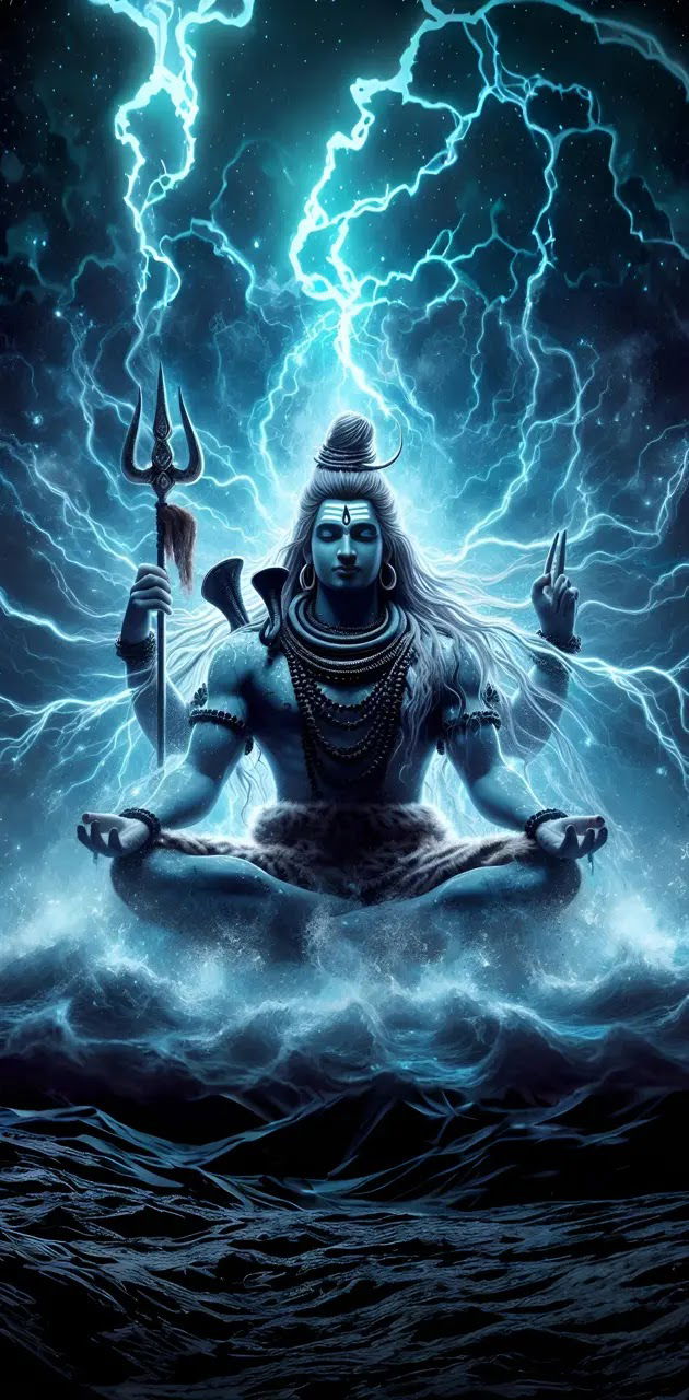 Meditating Shiva amidst cosmic storm