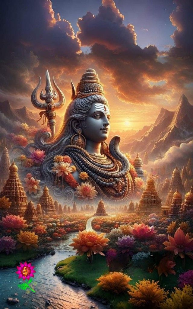 Shiva amidst mountains and lotus flowers