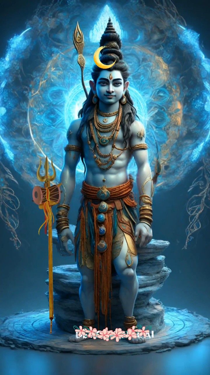 Lord Shiva stands with Trishul and moon.