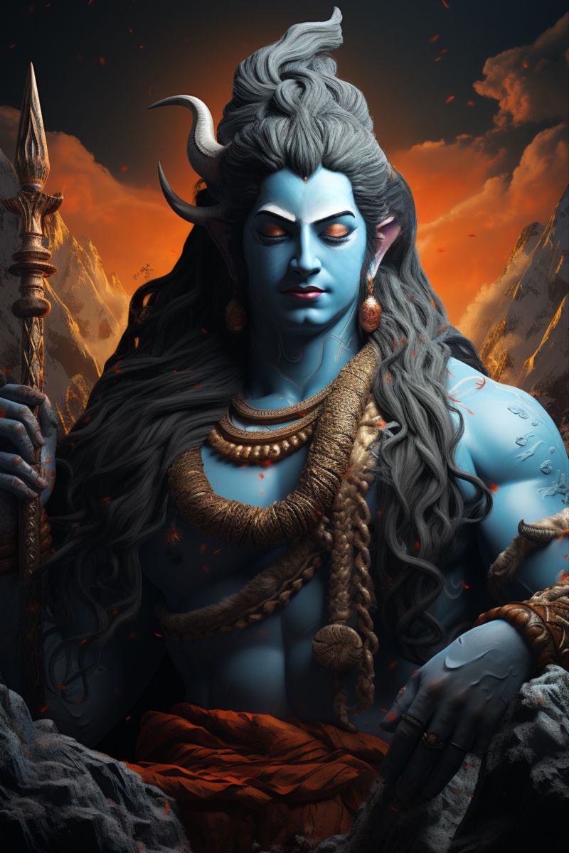 Lord Shiva with trident in mountains
