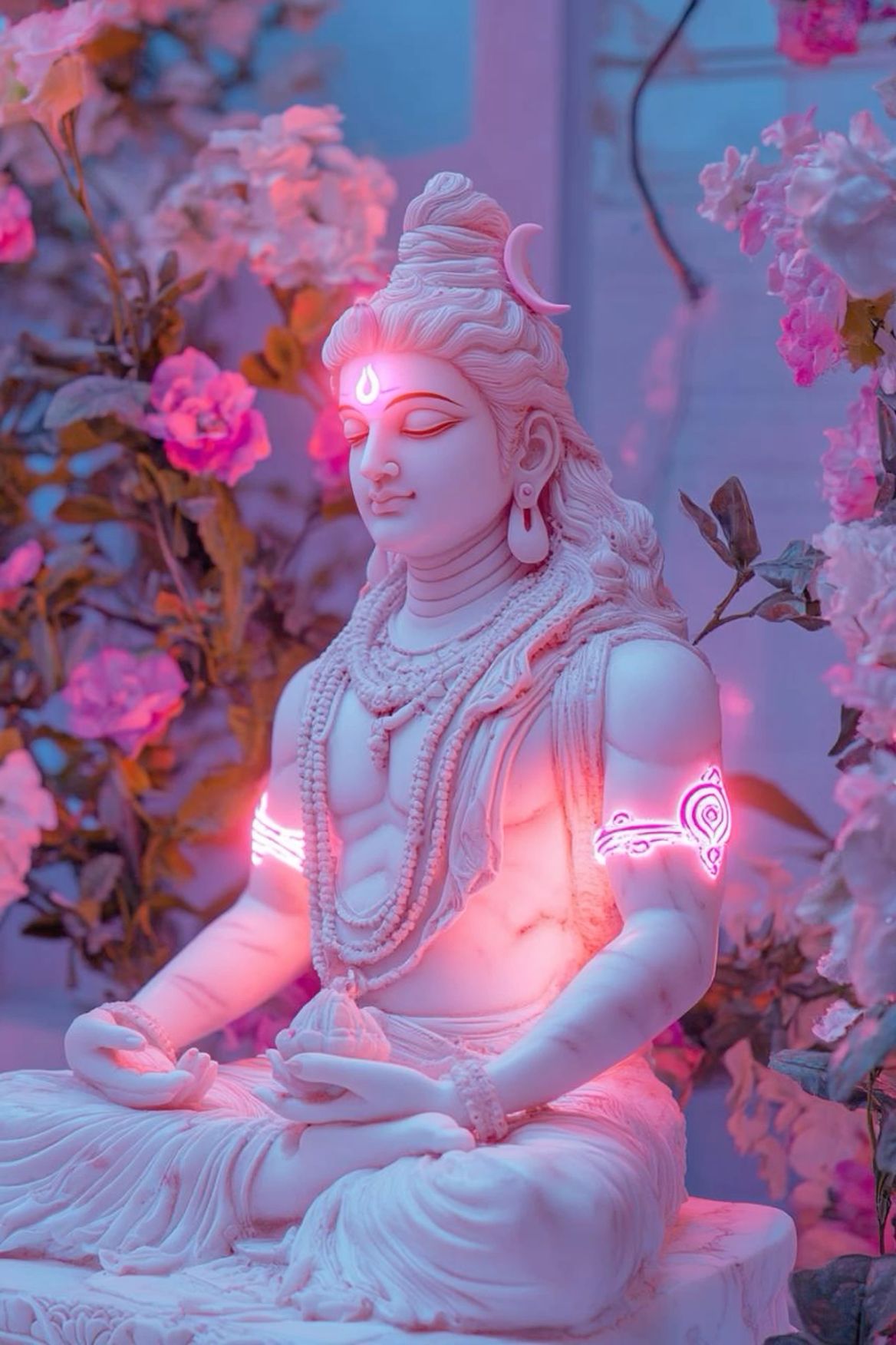 Meditating Shiva amidst pink blossoms.