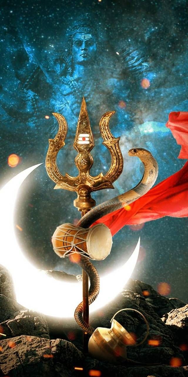 Shiva with Trishul against starry background